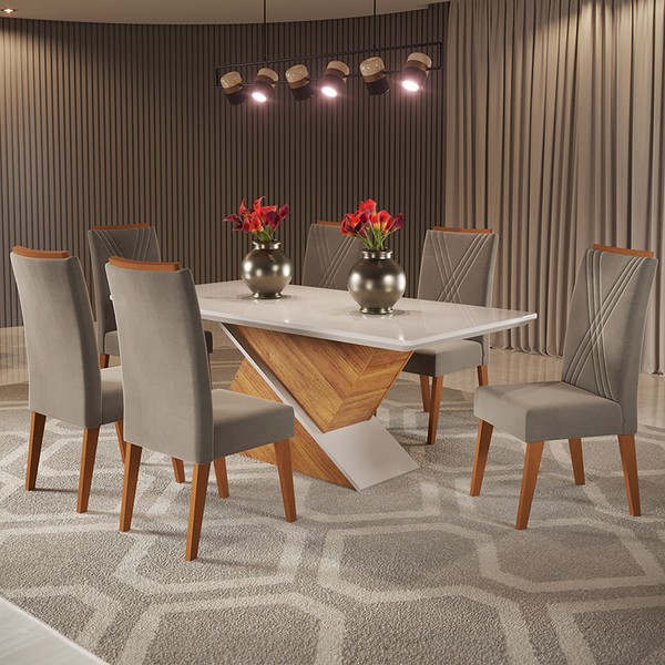 Mesa de Jantar 6 Lugares Stela com Vidro Mel/Off White/Pérola - Viero Móveis