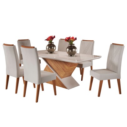 Mesa de Jantar 6 Lugares Stela com Vidro Mel/Marfim/Off White - Viero Móveis