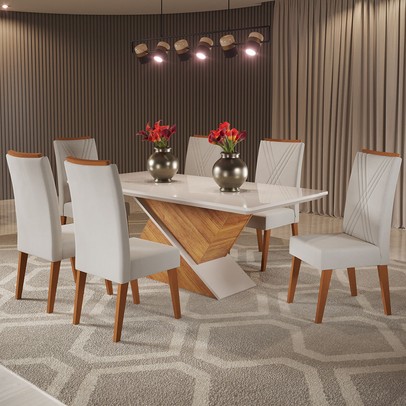 Mesa de Jantar 6 Lugares Stela com Vidro Mel/Marfim/Off White - Viero Móveis