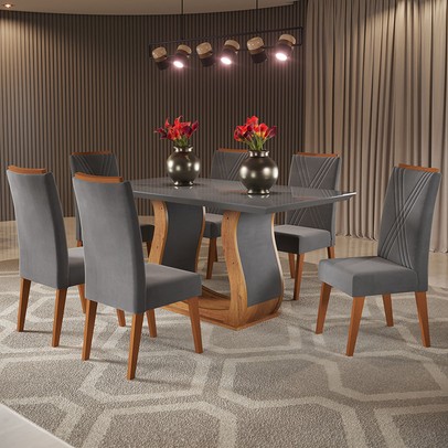 Mesa de Jantar 6 Lugares Taina com Vidro Mel/Grafite - Viero Móveis