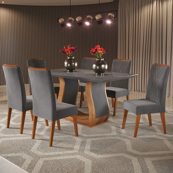 Mesa de Jantar 6 Lugares Taina com Vidro Mel/Grafite - Viero Móveis