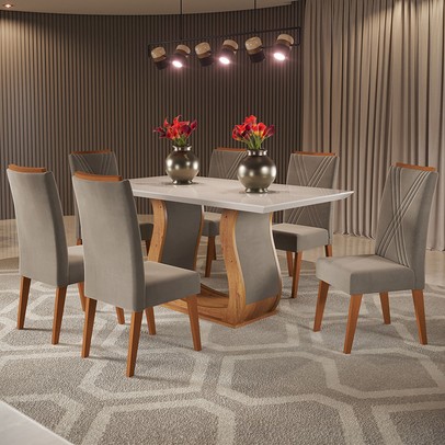 Mesa de Jantar 6 Lugares Taina com Vidro Mel/Pérola/Off White - Viero Móveis