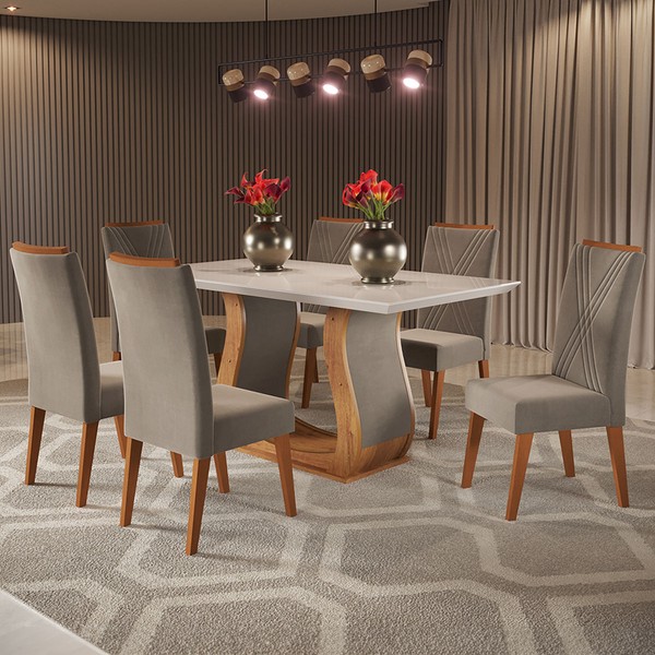 Mesa de Jantar 6 Lugares Taina com Vidro Mel/Pérola/Off White - Viero Móveis