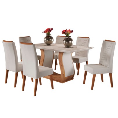 Mesa de Jantar 6 Lugares Taina com Vidro Mel/Marfim/Off White - Viero Móveis