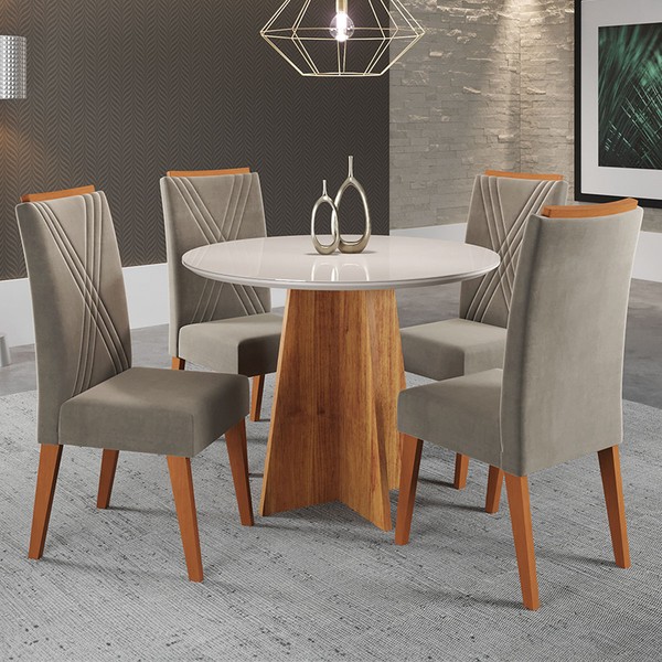 Mesa de Jantar 4 Lugares World com Vidro Mel/Pérola/Off Whie - Viero Móveis