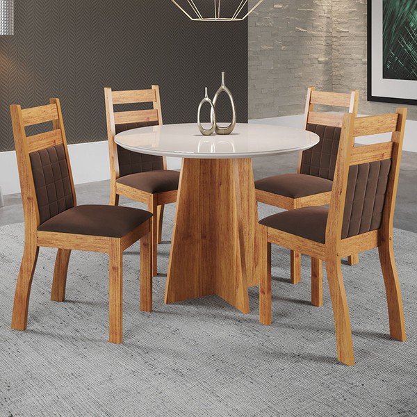 Mesa de Jantar 4 Lugares Cascais com Vidro Mel/Bombom/Off White - Viero Móveis