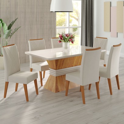 Mesa de Jantar 6 Lugares Jolie com Vidro Mel/Marfim/Off White - Viero Móveis