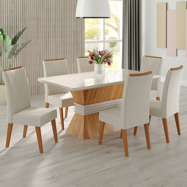 Mesa de Jantar 6 Lugares Jolie com Vidro Mel/Marfim/Off White - Viero Móveis