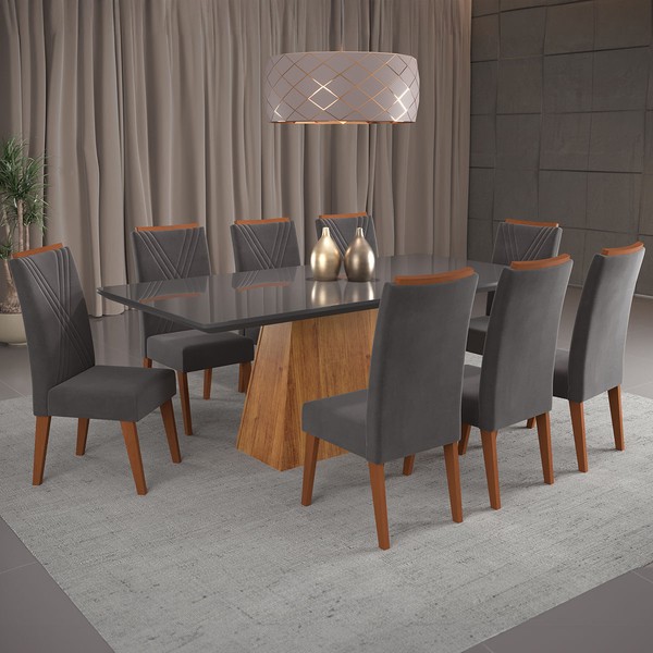 Mesa de Jantar 8 Lugares Barth com Vidro Mel/Grafite - Viero Móveis