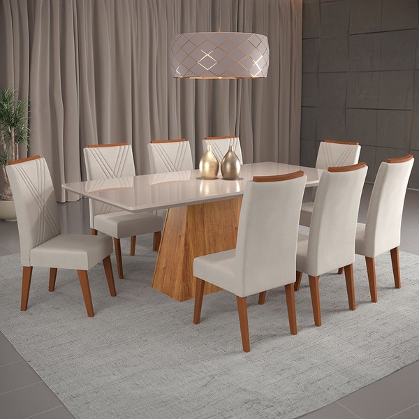 Mesa de Jantar 8 Lugares Barth com Vidro Mel/Marfim/Off White -  Viero Móveis
