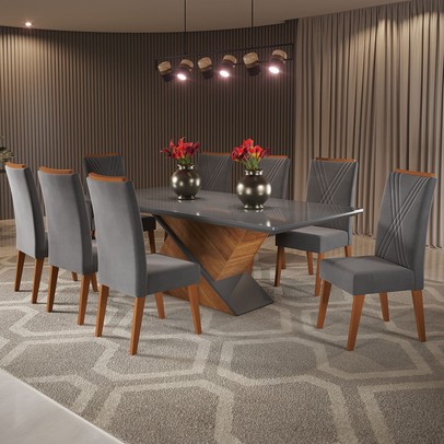 Mesa de Jantar 8 Lugares Easy com Vidro Mel/Grafite -  Viero Móveis