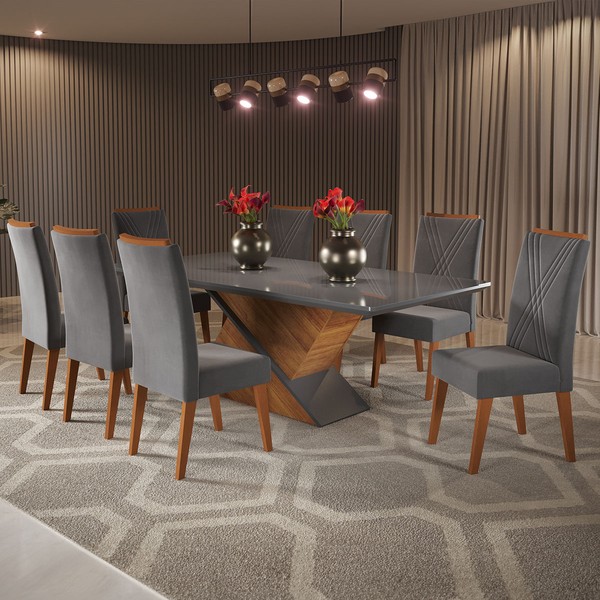 Mesa de Jantar 8 Lugares Easy com Vidro Mel/Grafite -  Viero Móveis