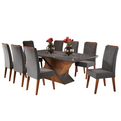 Mesa de Jantar 8 Lugares Easy com Vidro Mel/Grafite -  Viero Móveis