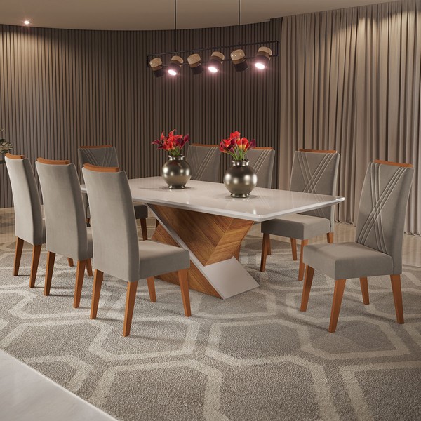 Mesa de Jantar 8 Lugares Easy com Vidro Mel/Perola/Off White - Viero Móveis