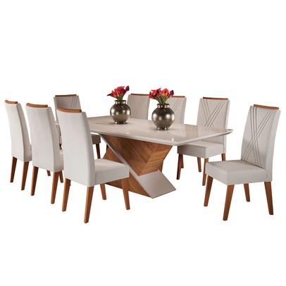Mesa de Jantar 8 Lugares Easy com Vidro Mel/Marfim/Off White - Viero Móveis