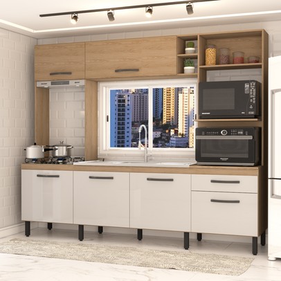 Cozinha Compacta Mavie 6 Portas 1 Gaveta Pistão Freijó/Off White - Panorama Móveis