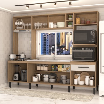 Cozinha Compacta Mavie 6 Portas 1 Gaveta Pistão Freijó/Off White - Panorama Móveis