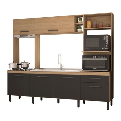 Cozinha Compacta Mavie 6 Portas 1 Gaveta Pistão Freijó/Nero - Panorama Móveis