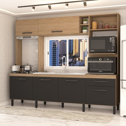 Cozinha Compacta Mavie 6 Portas 1 Gaveta Pistão Freijó/Nero - Panorama Móveis