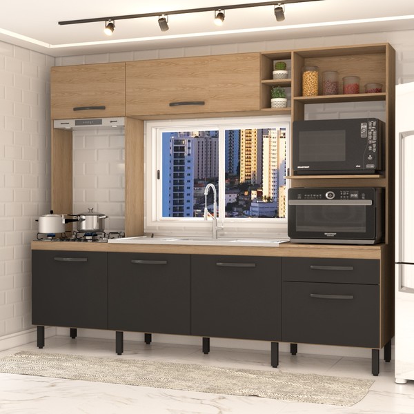 Cozinha Compacta Mavie 6 Portas 1 Gaveta Pistão Freijó/Nero - Panorama Móveis