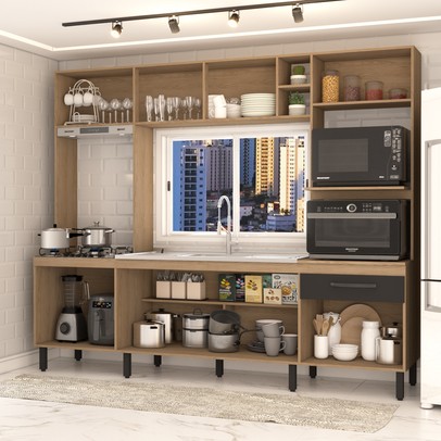 Cozinha Compacta Mavie 6 Portas 1 Gaveta Pistão Freijó/Nero - Panorama Móveis