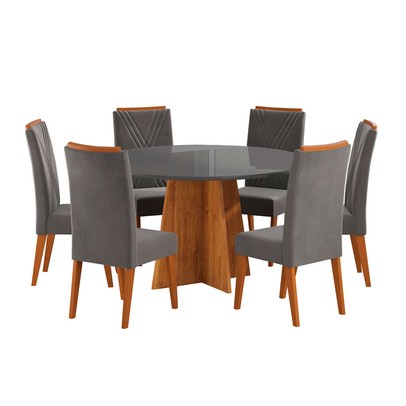 Mesa de Jantar 6 Lugares Calm com Vidro Mel/Grafite - Viero Móveis