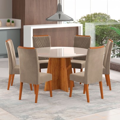 Mesa de Jantar 6 Lugares Calm com Vidro Mel/Perola/Off White - Viero Móveis