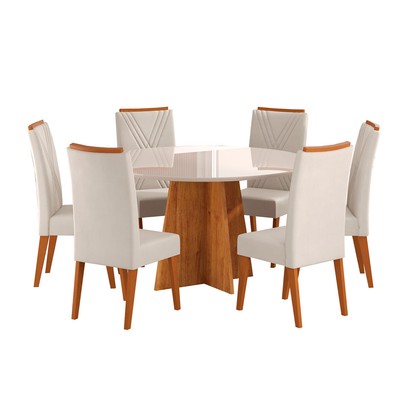 Mesa de Jantar 6 Lugares Calm com Vidro Mel/Marfim/Off White - Viero Móveis