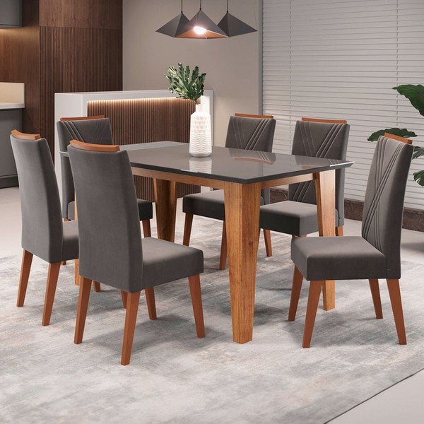 Mesa de Jantar 6 Lugares Sport com Vidro Mel/Grafite - Viero Móveis