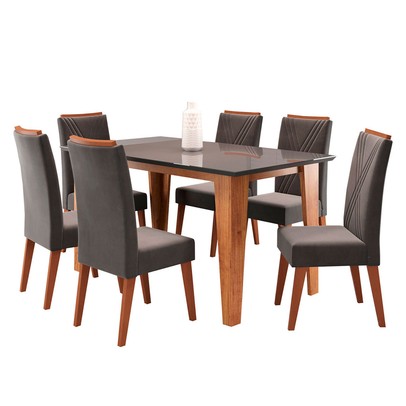 Mesa de Jantar 6 Lugares Sport com Vidro Mel/Grafite - Viero Móveis