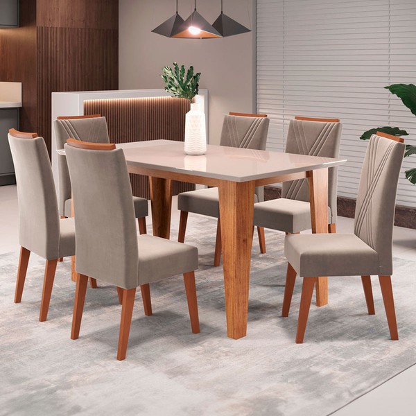 Mesa de Jantar 6 Lugares Sport com Vidro Mel/Perola/Off White - Viero Móveis