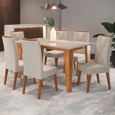 Mesa de Jantar 6 Lugares Sport com Vidro Mel/Marfim/Off White - Viero Móveis