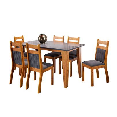 Mesa de Jantar 6 Lugares Beach com Vidro Mel/Grafite - Viero Móveis