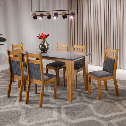 Mesa de Jantar 6 Lugares Beach com Vidro Mel/Grafite - Viero Móveis