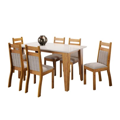 Mesa de Jantar 6 Lugares Beach com Vidro Mel/Perola/Off White - Viero Móveis