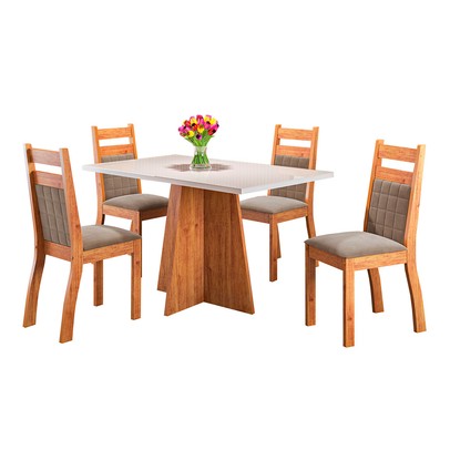 Mesa de Jantar 4 Lugares Merlot com Vidro Mel/Perola/ Off White - Viero Móveis