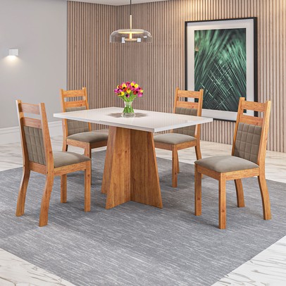 Mesa de Jantar 4 Lugares Merlot com Vidro Mel/Perola/ Off White - Viero Móveis