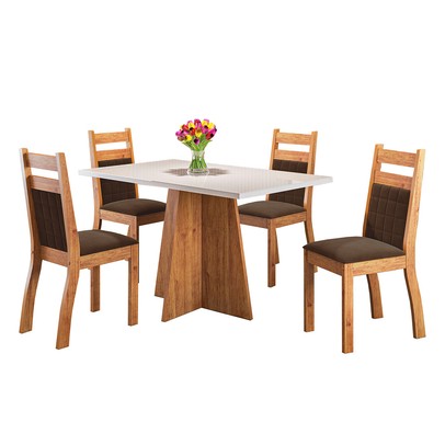 Mesa de Jantar 4 Lugares Merlot com Vidro Mel/Bombom/Off White - Viero Móveis