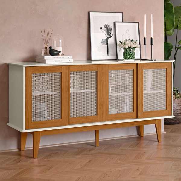 Balcão Buffet Detroit 4 Portas 4 Prateleiras Off White/Nature - Tebarrot