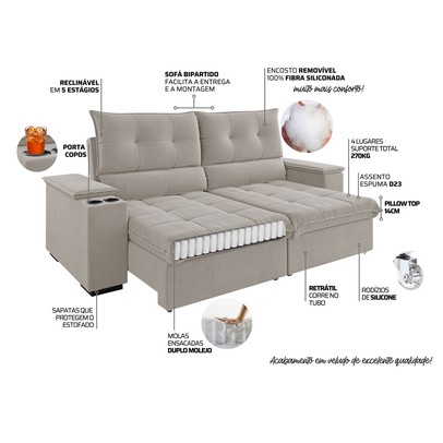 Sofá 4 Lugares Santiago Retrátil e Reclinável Marfim - Vian