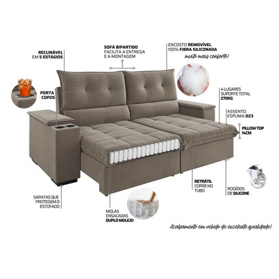 Sofá 4 Lugares Santiago Retrátil e Reclinável - Vian