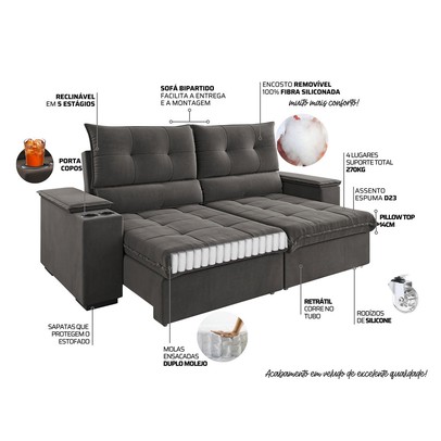Sofá 4 Lugares Santiago Retrátil e Reclinável Grafite - Vian