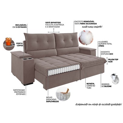 Sofá 4 Lugares Santiago Retrátil e Reclinável Rosa - Vian