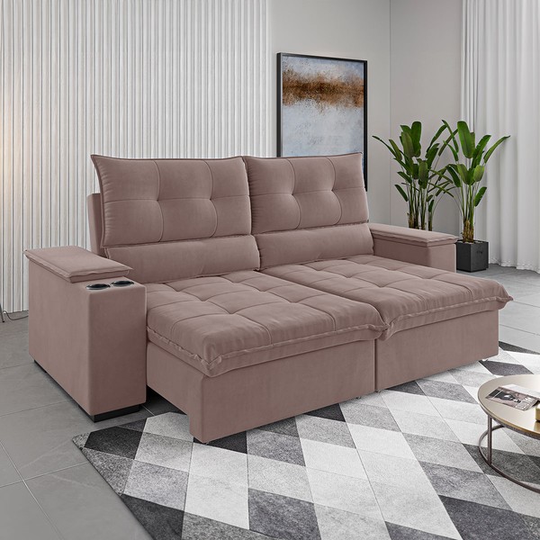 Sofá 4 Lugares Santiago Retrátil e Reclinável Rosa - Vian