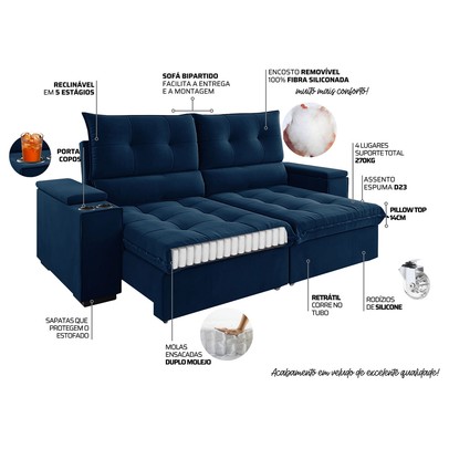 Sofá 4 Lugares Santiago Retrátil e Reclinável Azul - Vian