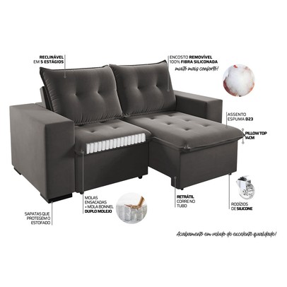 Sofá 3 Lugares Arsenal Retrátil e Reclinável Grafite - Vian