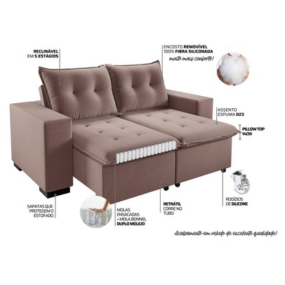 Sofá 3 Lugares Arsenal Retrátil e Reclinável Rosa - Vian