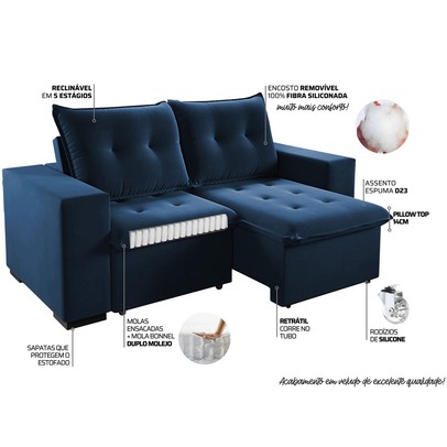 Sofá 3 Lugares Arsenal Retrátil e Reclinável  Azul - Vian