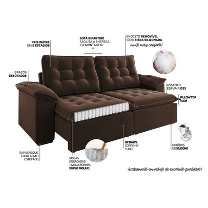 Sofá 4 Lugares Mozart Retrátil e Reclinável Bombom - Vian