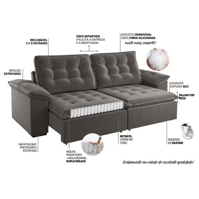 Sofá 4 Lugares Mozart Retrátil e Reclinável Grafite - Vian